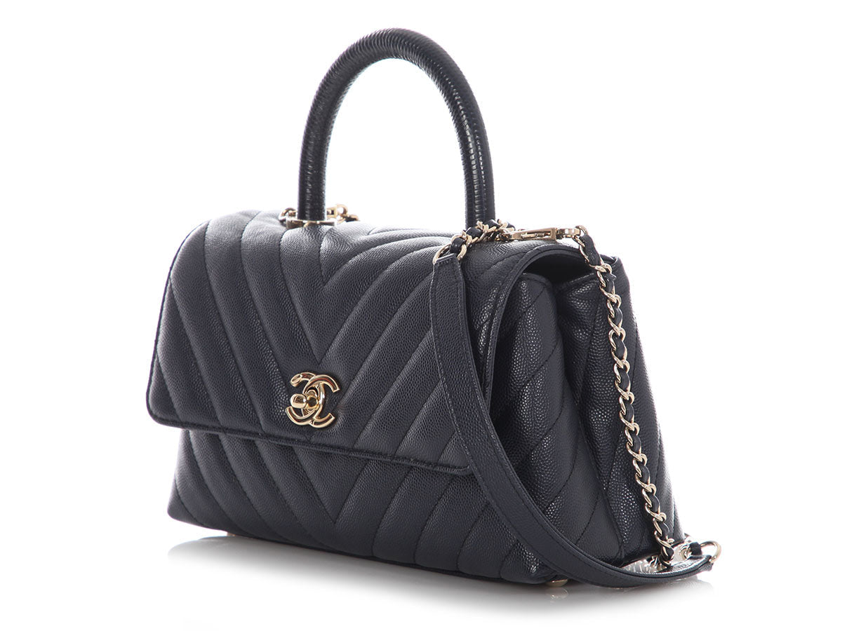 Chanel Mini Navy Chevron-Quilted Caviar and Lizard Coco Handle