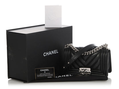 Chanel Small Black Chevron-Quilted Caviar Boy Bag