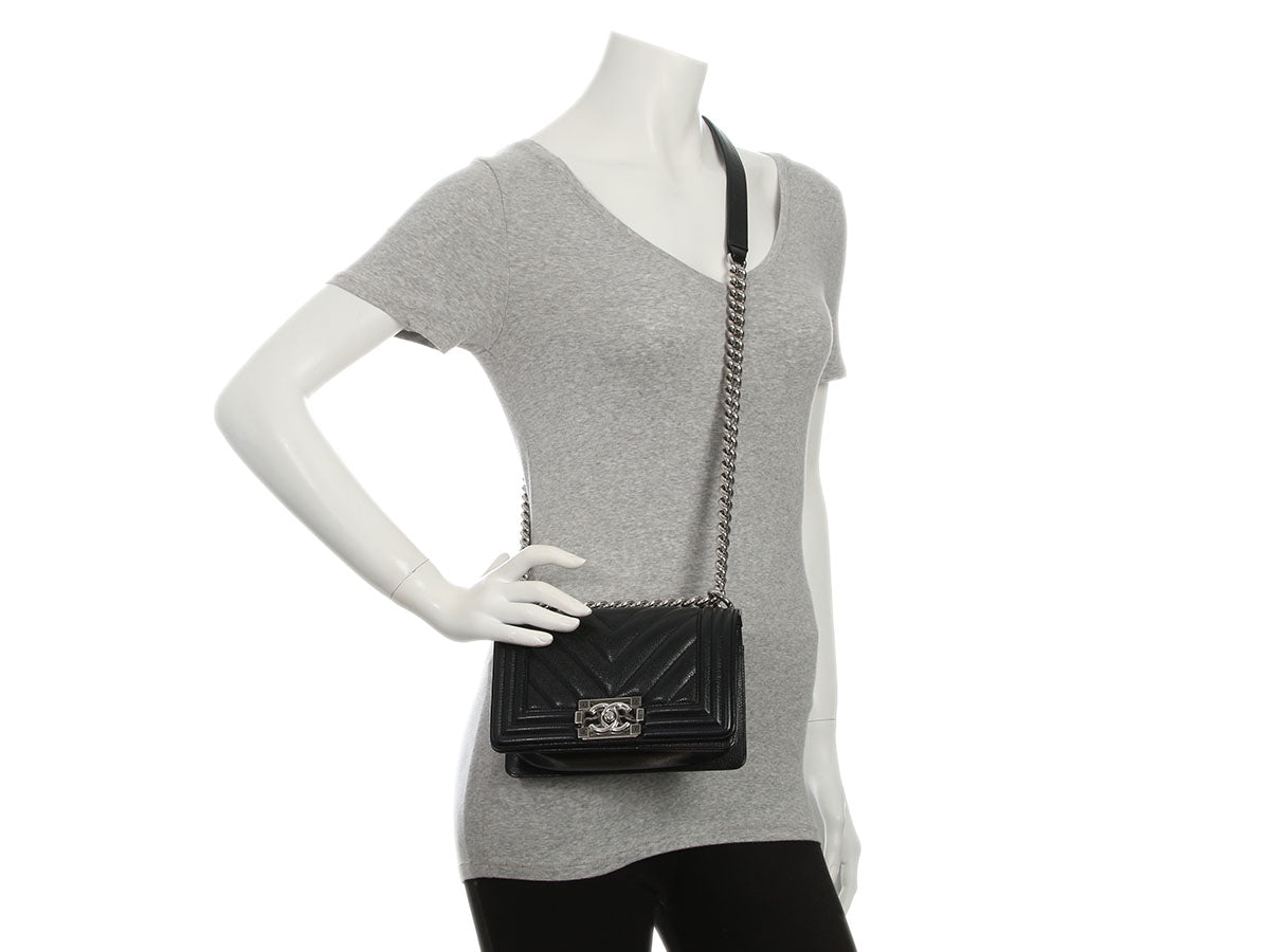 Chanel Small Black Chevron-Quilted Caviar Boy Bag