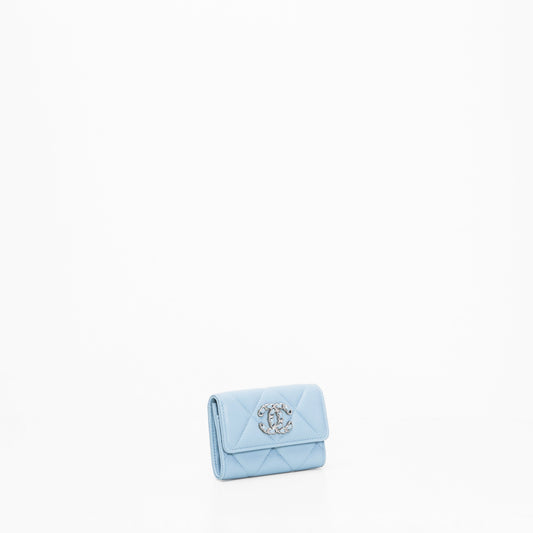 Chanel 19 Quilted Flap Card Holder Blue Lambskin