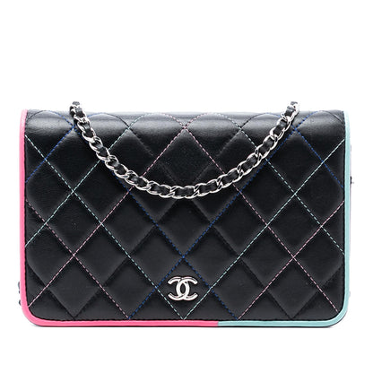 Chanel CC Quilted Lambskin Multicolor Border Full Flap Wallet on Chain