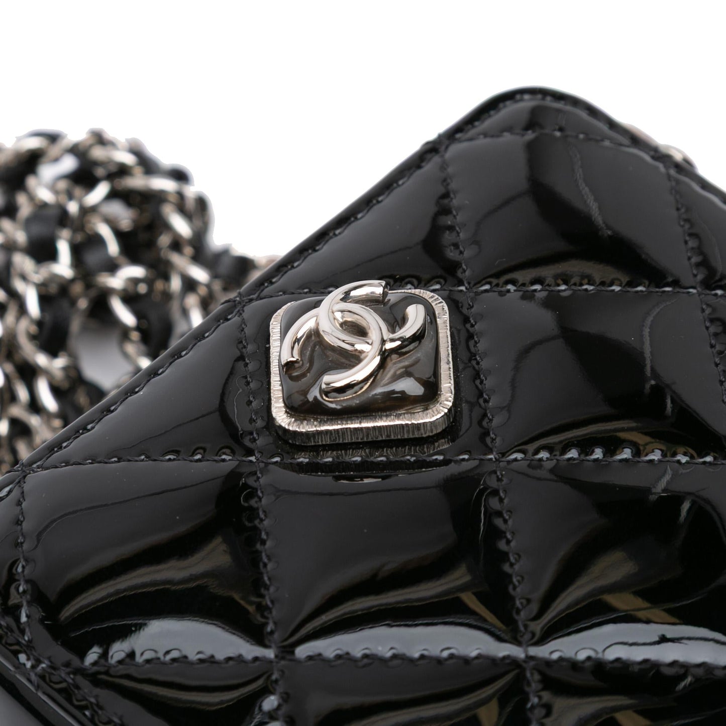 Chanel CC Quilted Patent Diamond Resin Clutch With Chain