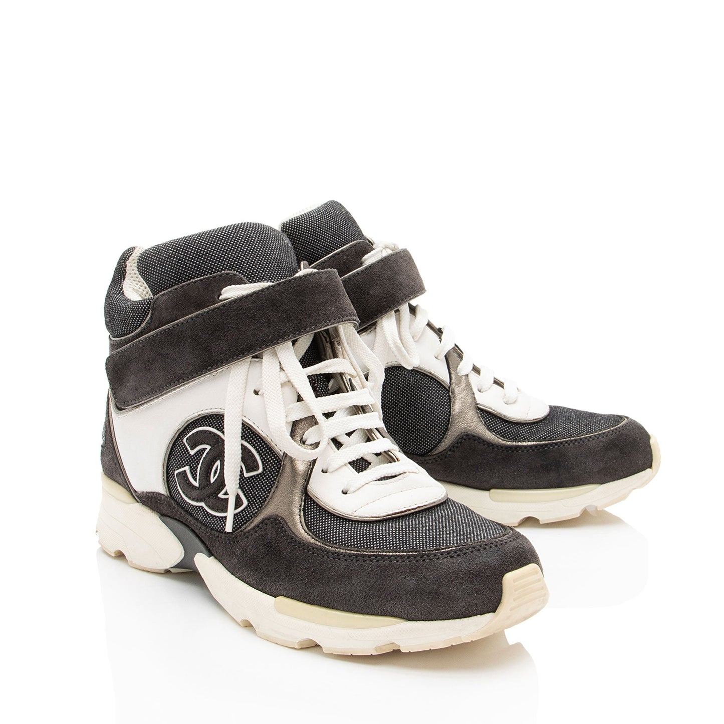 Chanel Canvas Leather CC High Top Sneakers - Size 7 / 37