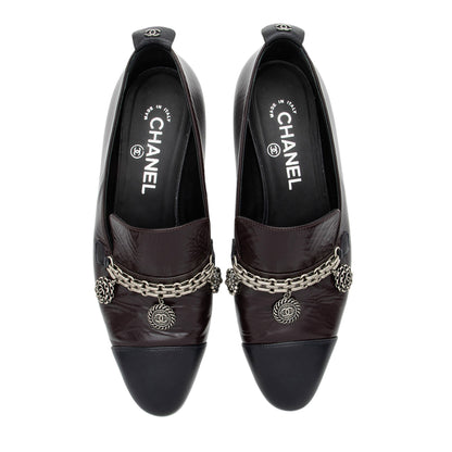 Chanel Crackled Goatskin CC Charm Cap Toe Loafers - Size 7.5 / 37.5
