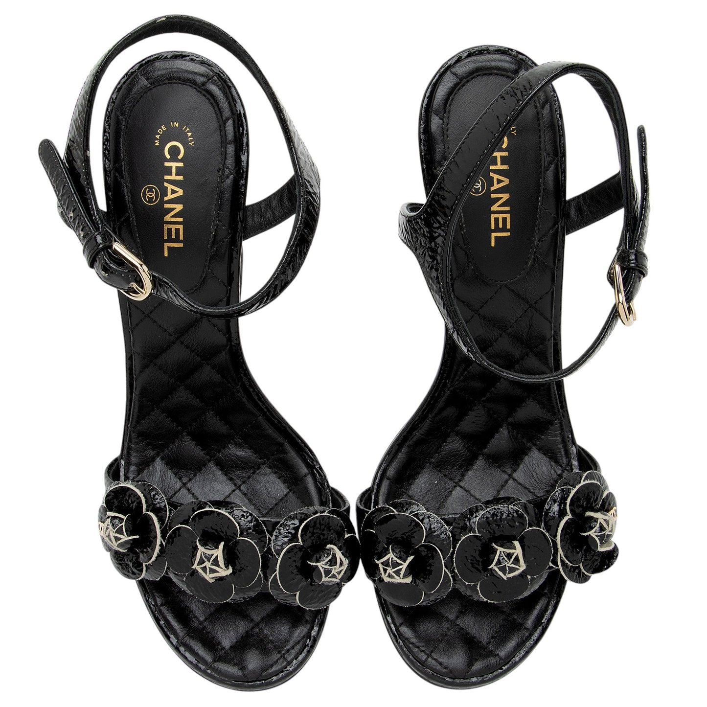 Chanel Crinkled Patent Leather Camellia Sandals - Size 8 / 38