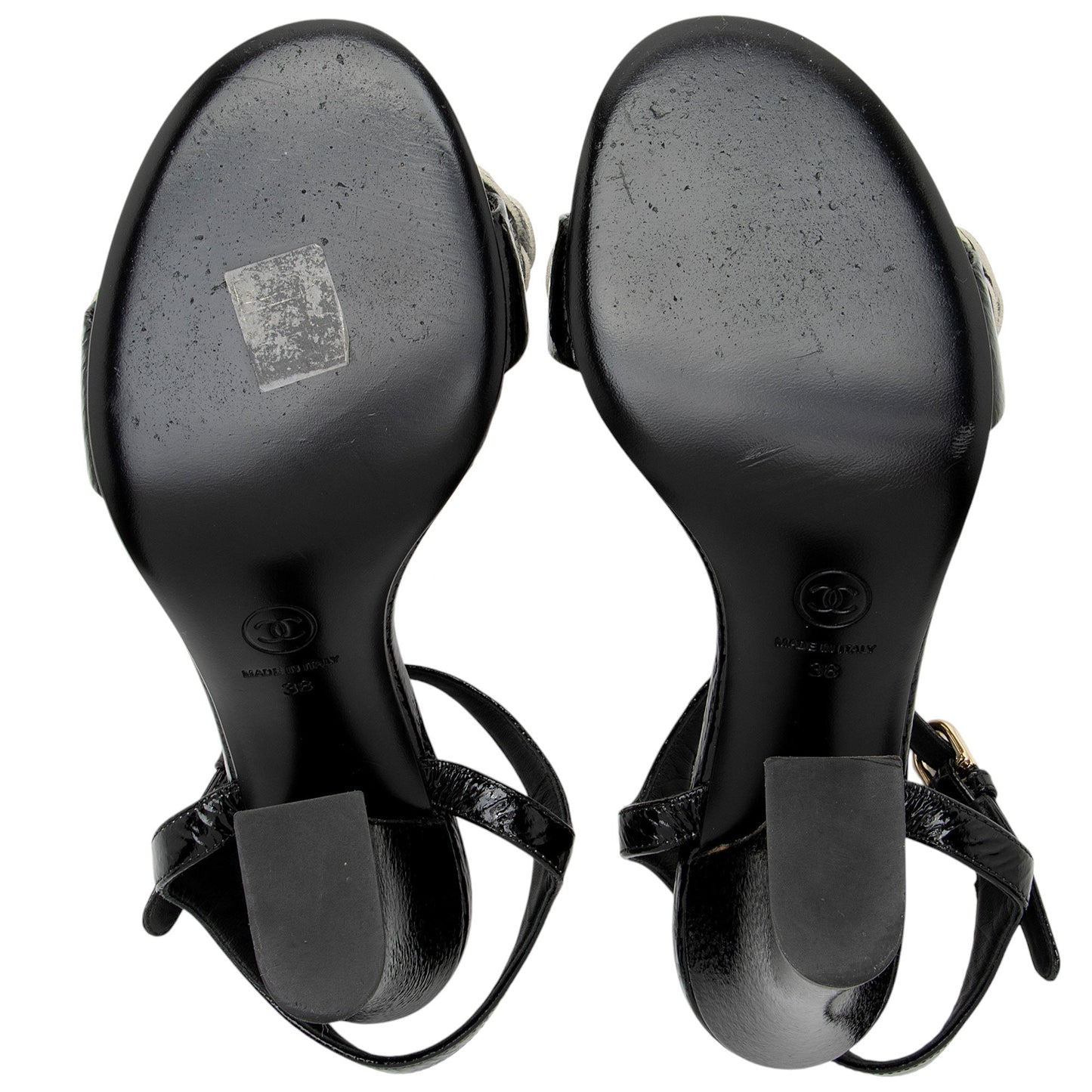 Chanel Crinkled Patent Leather Camellia Sandals - Size 8 / 38