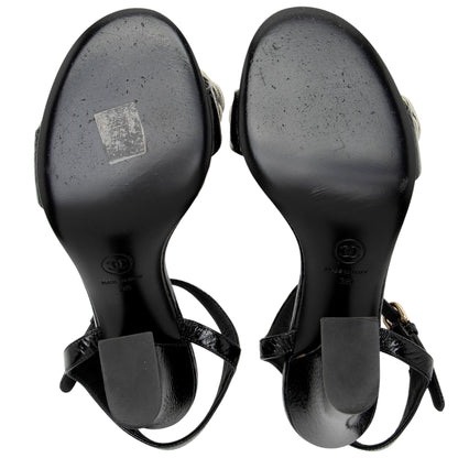 Chanel Crinkled Patent Leather Camellia Sandals - Size 8 / 38