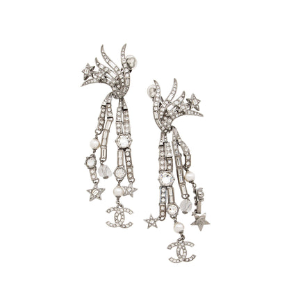 Chanel Crystal Faux Pearl CC Star Drop Clip On Earrings