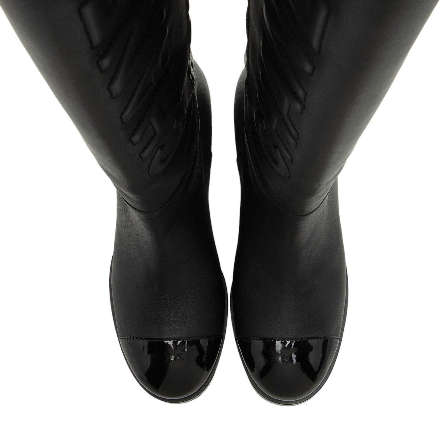 Chanel Quilted Calfskin Patent Leather Cap Toe Logo Boots - Size 7 / 37 (SHF-1bljRC)