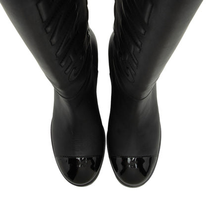 Chanel Quilted Calfskin Patent Leather Cap Toe Logo Boots - Size 7 / 37 (SHF-1bljRC)