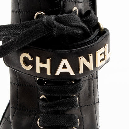 Chanel Quilted Lambskin Patent Leather Logo Cap Toe Combat Boots - Size 10 / 40