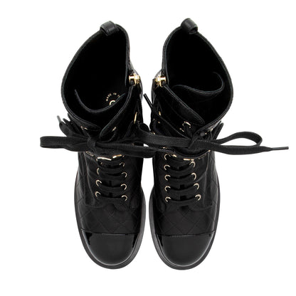 Chanel Quilted Lambskin Patent Leather Logo Cap Toe Combat Boots - Size 10 / 40