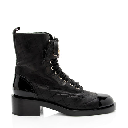 Chanel Quilted Lambskin Patent Leather Logo Cap Toe Combat Boots - Size 10 / 40