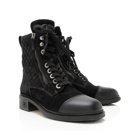 Chanel Quilted Suede CC Leather Cap Toe Combat Boots - Size 9 / 39