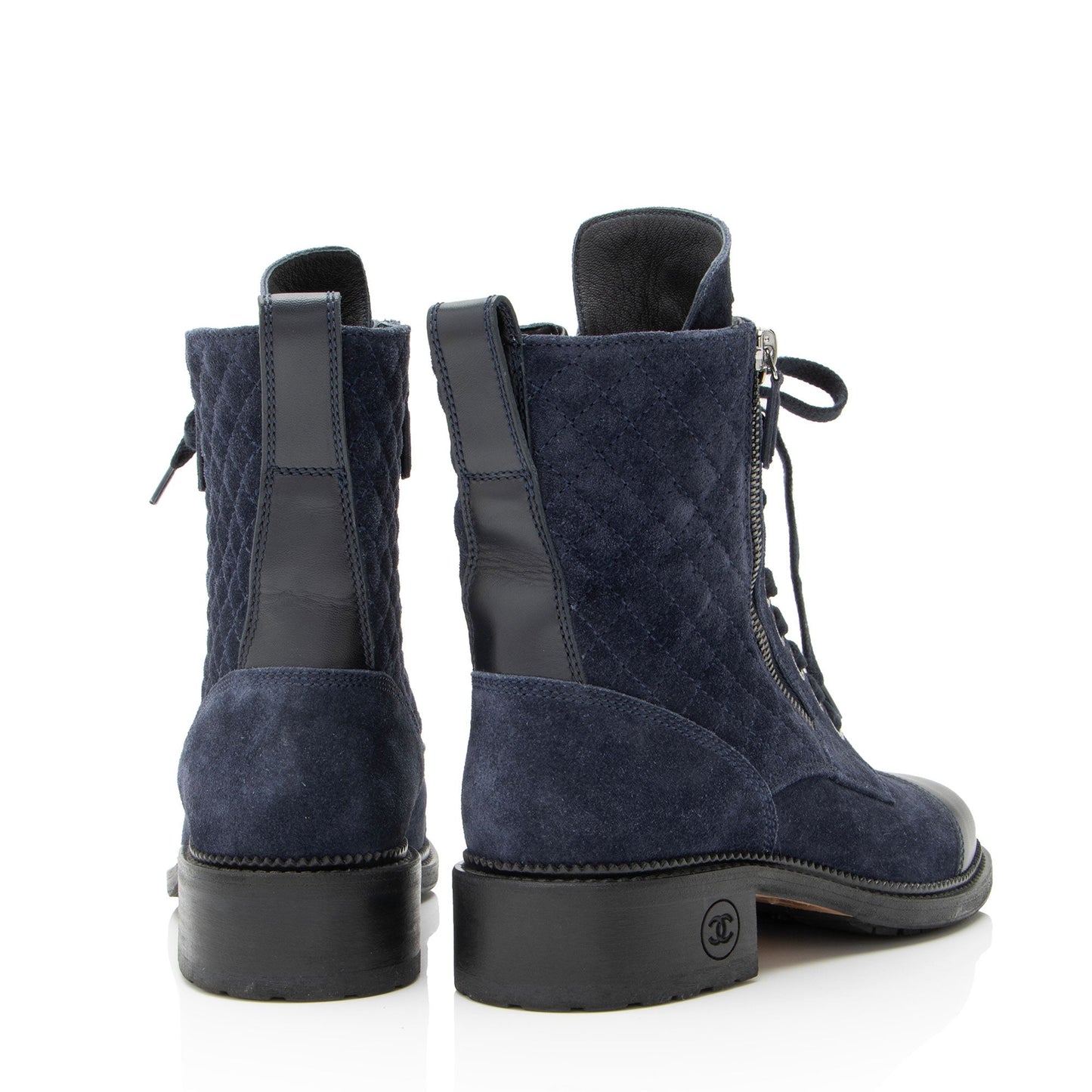 Chanel Quilted Suede CC Leather Cap Toe Combat Boots - Size 9 / 39