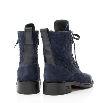 Chanel Quilted Suede CC Leather Cap Toe Combat Boots - Size 9 / 39