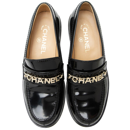 Chanel Shiny Calfskin Logo Chain Loafers - Size 8 / 38