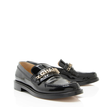 Chanel Shiny Calfskin Logo Chain Loafers - Size 8 / 38