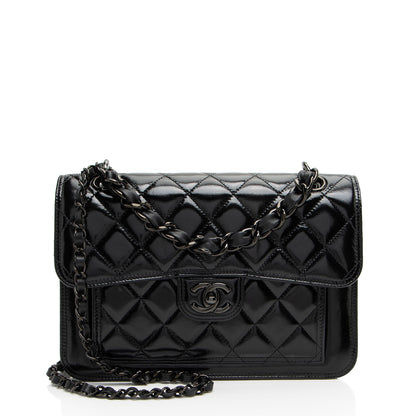 Chanel Shiny Crumpled Calfskin So Black Double You Flap Bag