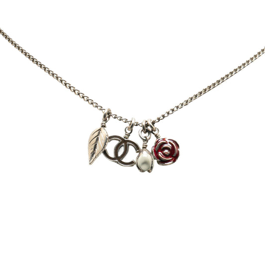 Chanel Silver Plated CC Camellia Charms Necklace