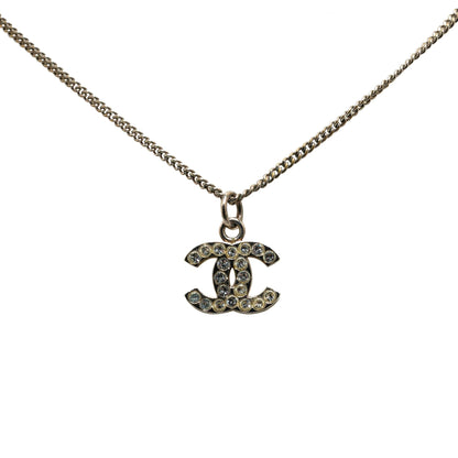 Chanel Silver Plated CC Rhinestones Pendant Necklace