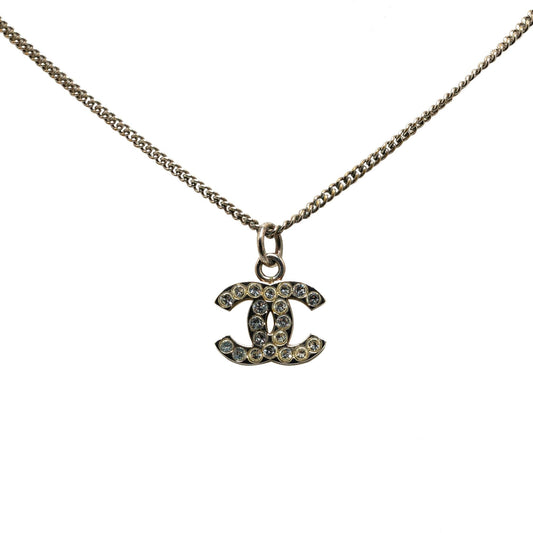 Chanel Silver Plated CC Rhinestones Pendant Necklace