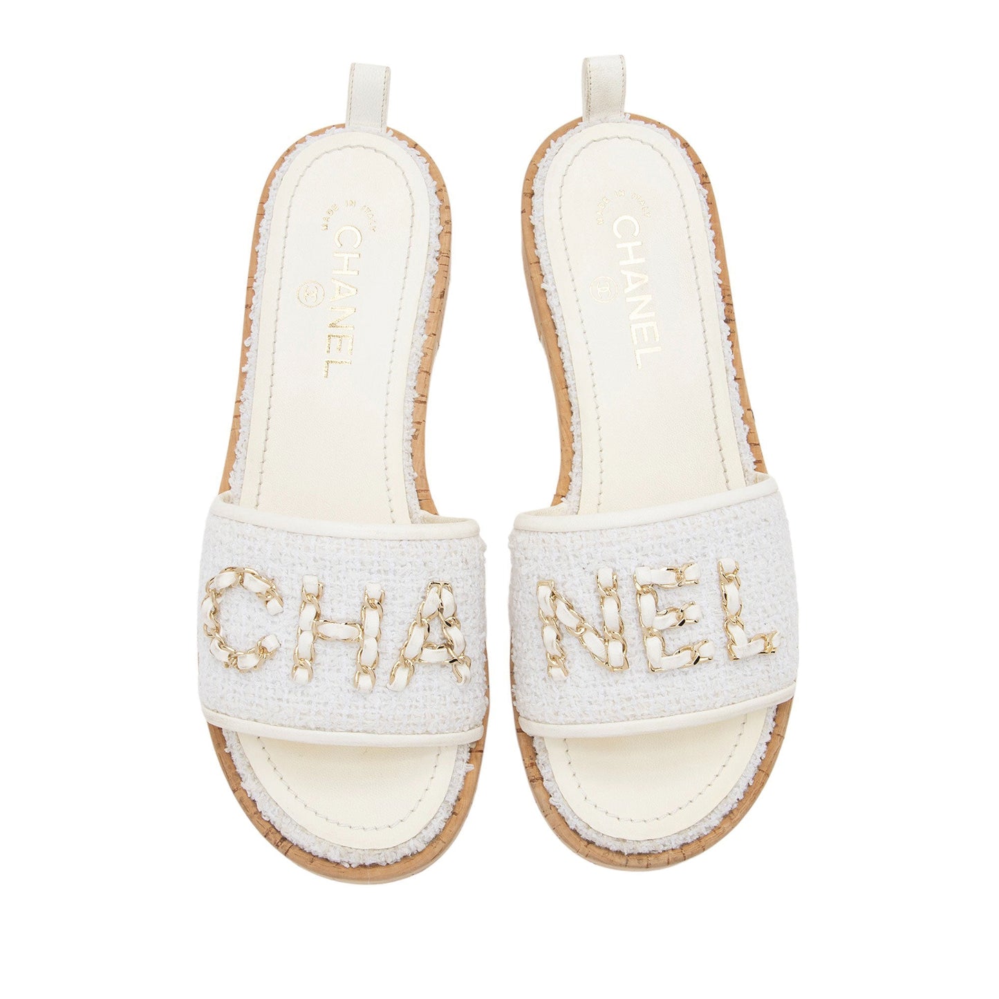 Chanel Tweed Cork CC Chain Slide Sandals - Size 9.5 / 39.5 (SHF-76Whqj)