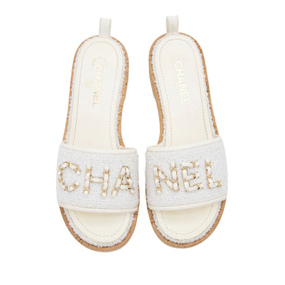 Chanel Tweed Cork CC Chain Slide Sandals - Size 9.5 / 39.5 (SHF-76Whqj)