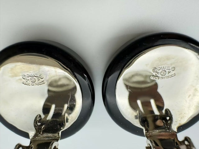 Chanel Vintage 01P Resin Black Hoop Mirror Clip-on Earrings