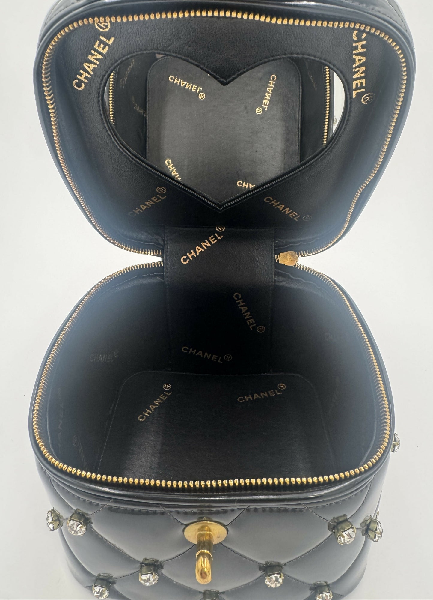 Chanel 1995 Vintage Barbie Black Rhinestone Heart-Mirror Vanity Case Bag