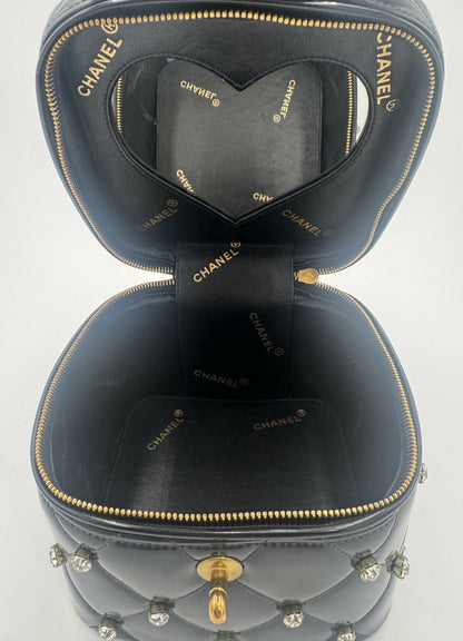 Chanel 1995 Vintage Barbie Black Rhinestone Heart-Mirror Vanity Case Bag