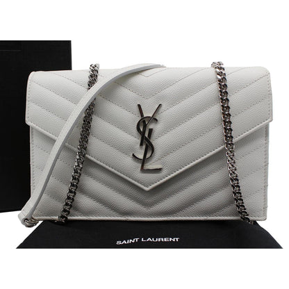 YVES SAINT LAURENT Monogram Grain De Poudre Chain Wallet White