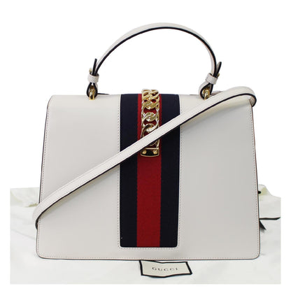GUCCI Sylvie Embroidered Leather Medium Top Handle Bag White 431665