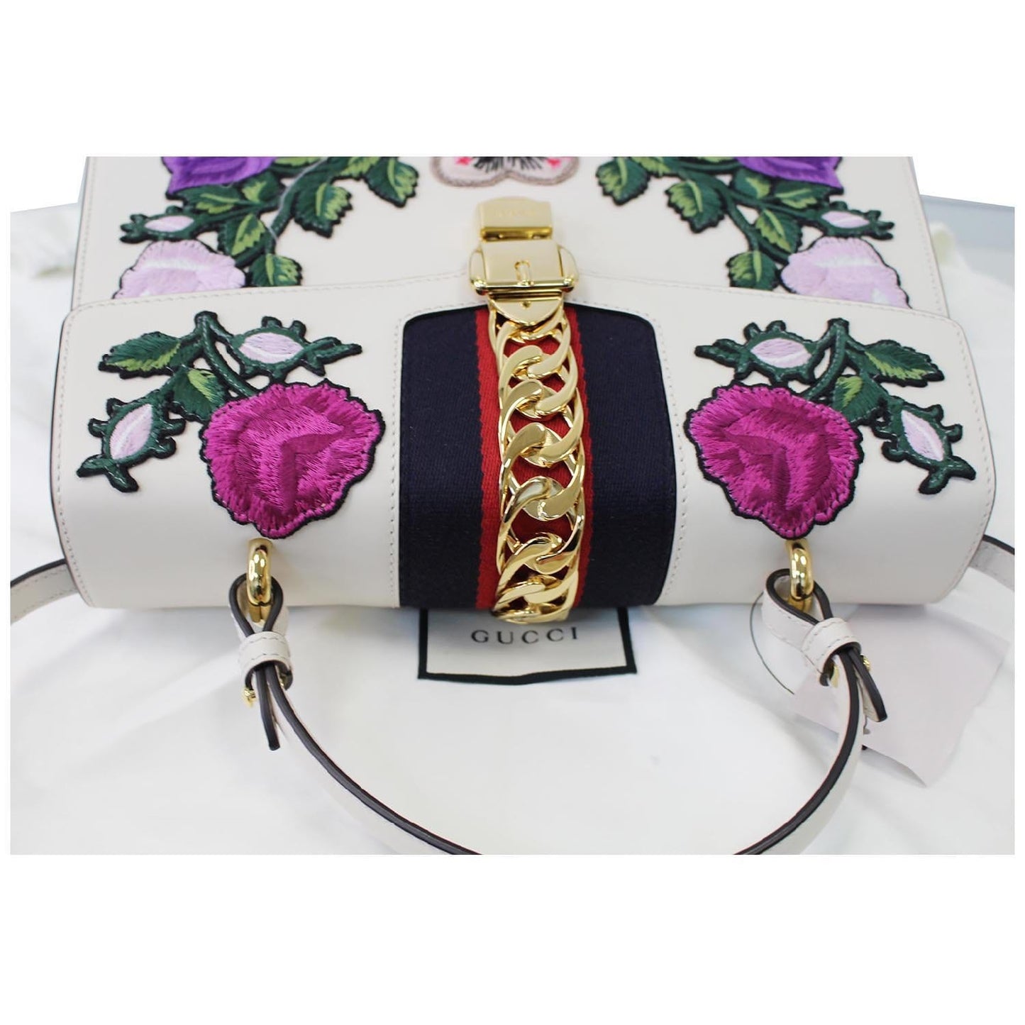 GUCCI Sylvie Embroidered Leather Medium Top Handle Bag White 431665