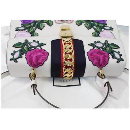GUCCI Sylvie Embroidered Leather Medium Top Handle Bag White 431665