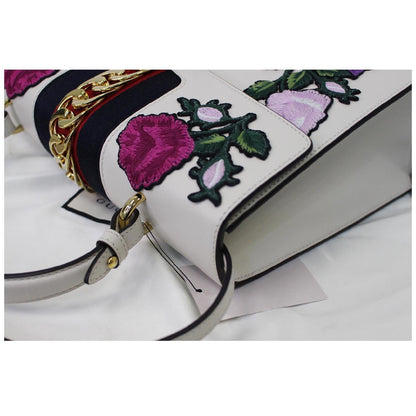 GUCCI Sylvie Embroidered Leather Medium Top Handle Bag White 431665