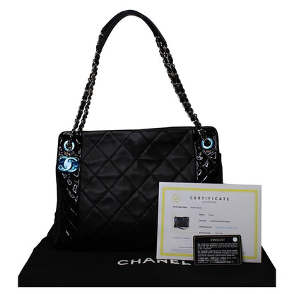 CHANEL CC Charm Quilted Lambskin Patent Leather Tote Bag Black