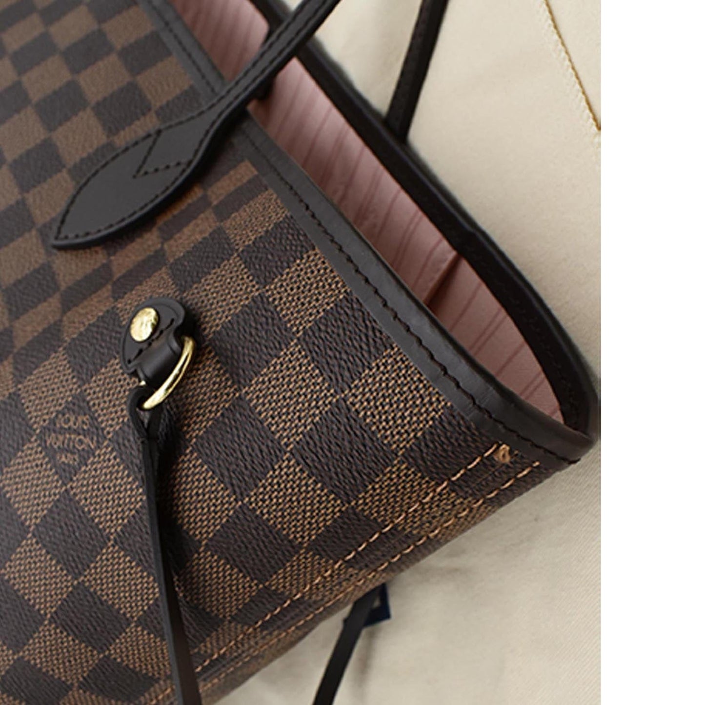 LOUIS VUITTON Neverfull MM Damier Ebene Tote Bag Rose Ballerine