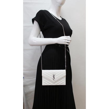 YVES SAINT LAURENT Monogram Grain De Poudre Chain Wallet White