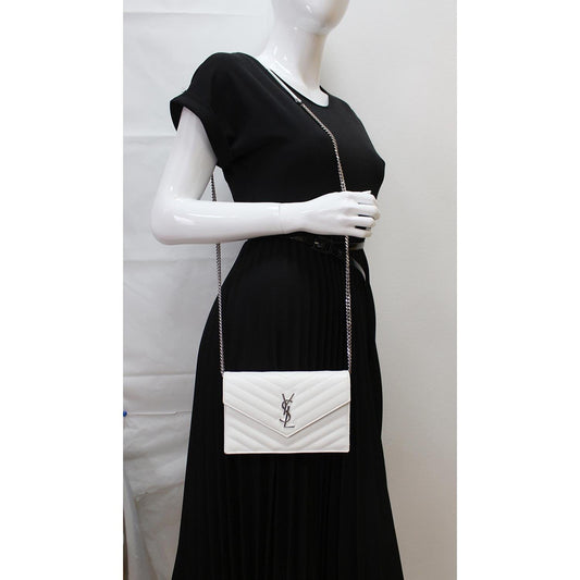 YVES SAINT LAURENT Monogram Grain De Poudre Chain Wallet White