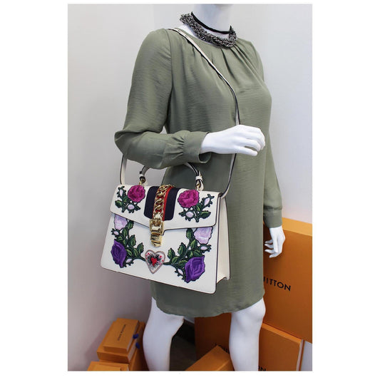 GUCCI Sylvie Embroidered Leather Medium Top Handle Bag White 431665