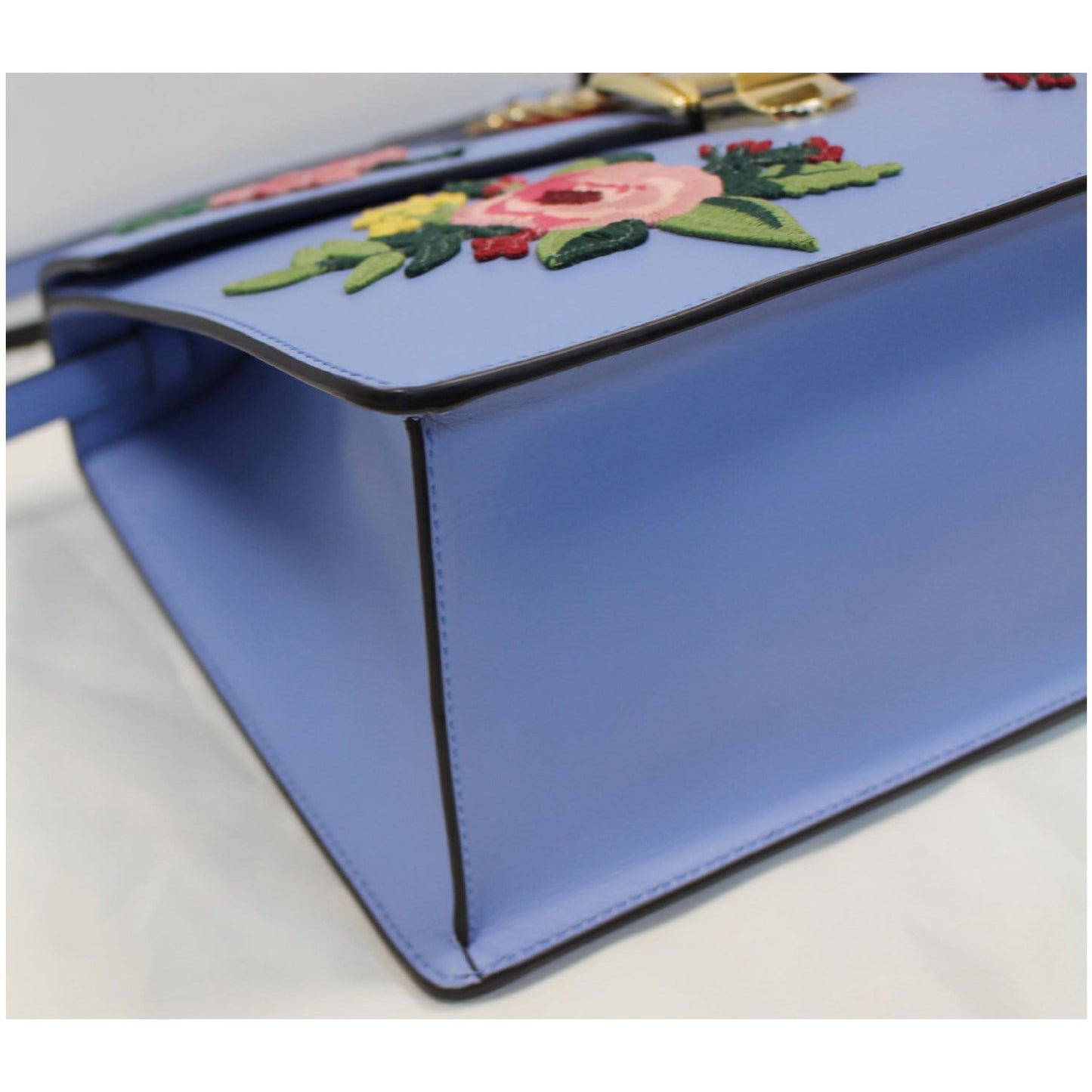 GUCCI Sylvie Embroidered Leather Medium Top Handle Bag Blue 431665