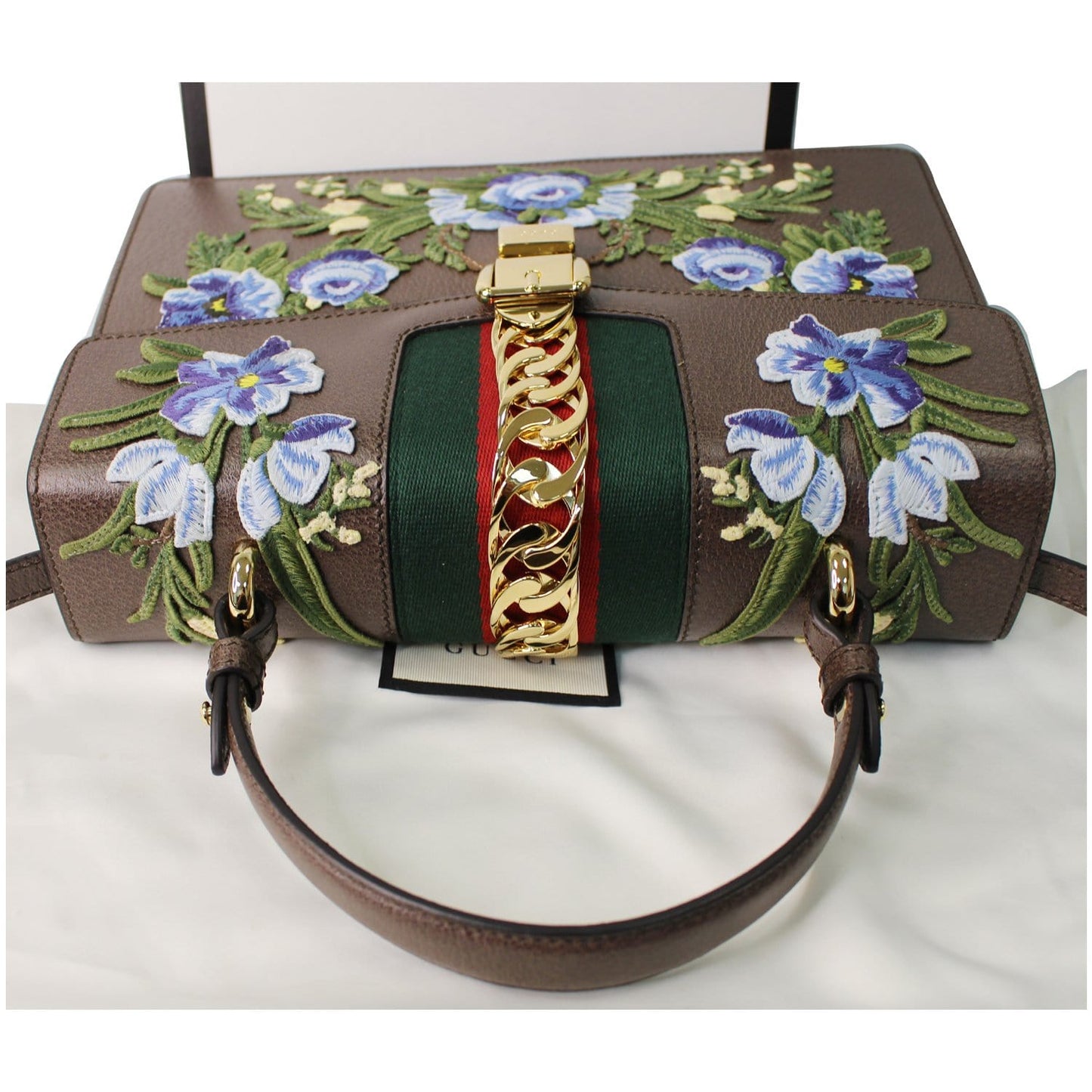 GUCCI Sylvie Embroidered Leather Medium Top Handle Bag Brown 431665