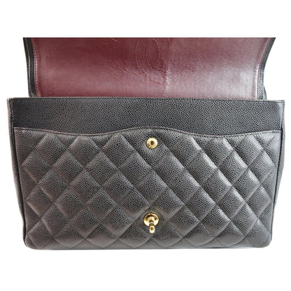 CHANEL Maxi Double Flap Caviar Leather Shoulder Bag Black