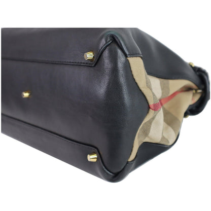 BURBERRY House Check Medium Banner Calf Leather Tote Bag Black