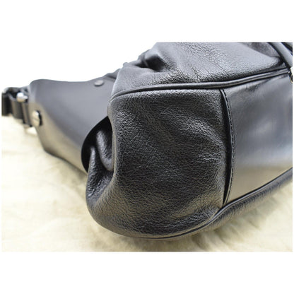 BURBERRY Warrior Drawstring Leather Hobo Bag Black