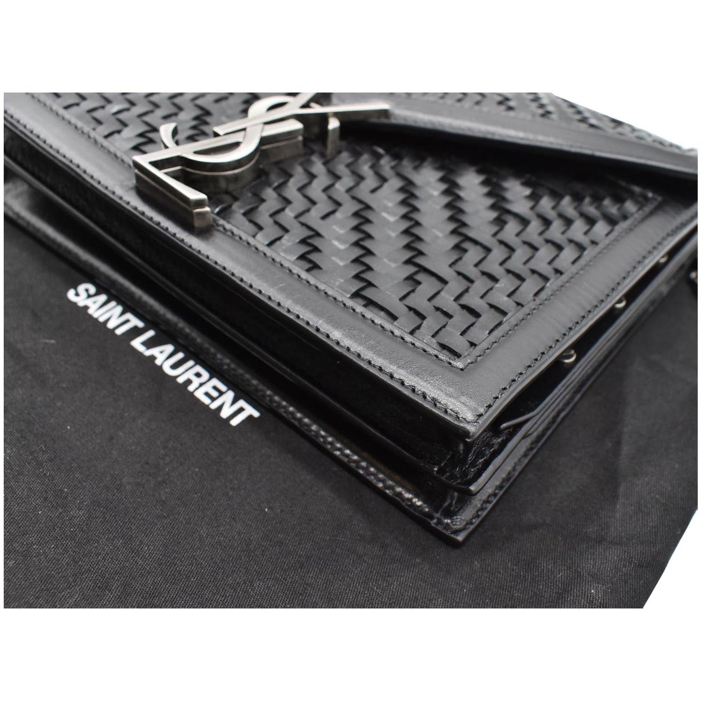 YVES SAINT LAURENT Cassandra Medium Woven Leather Chain Shoulder Bag Black