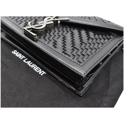 YVES SAINT LAURENT Cassandra Medium Woven Leather Chain Shoulder Bag Black