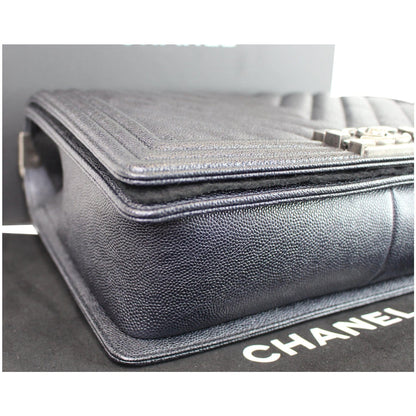 Chanel Boy New Medium Chevron Caviar Shoulder Bag Navy