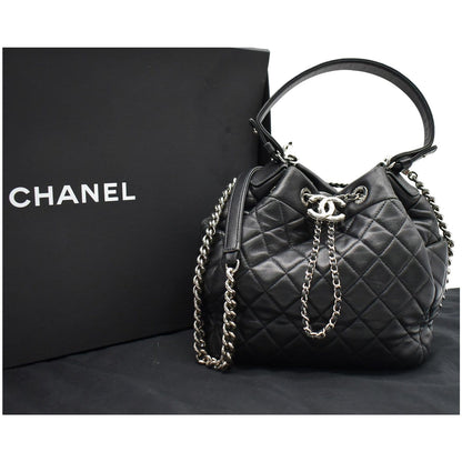 CHANEL Drawstring Bucket Quilted Lambskin Leather Shoulder Bag Black